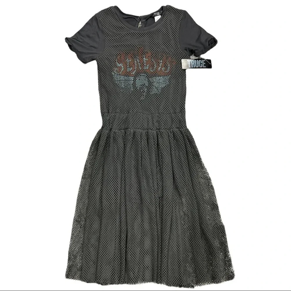 Truce Girls Gray Oversize Mesh Overlay Romper S M L XL